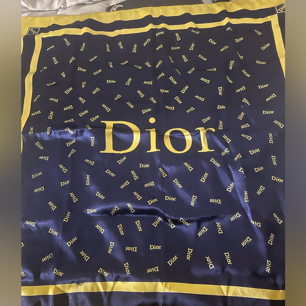 Dior large vintage navy blue and gold silk scarf